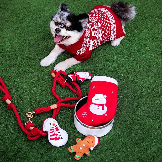 Glow Pups Christmas Stocking Hide and Seek Dog Toy, Interactive Plush Santa, Snowman, Gingerbread Man, Crinkle and Squeak, Holiday Burrow Toy for Small Medium Dogs, Red Plush Christmas Snowflake
