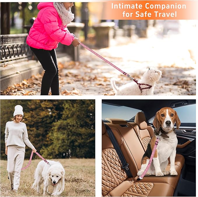 Seyezo 3-Piece Dog Car Harness Set - Retractable, Adjustable, Reflective Dog Seatbelt for Vehicle Headrests - Heavy Duty & High Elastic, Pink