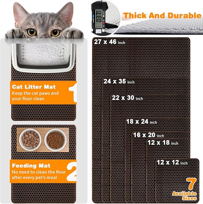 Waterproof Cat Litter Mat, Double Layer EVA, Odor-Free Large Grid, Urine Proof, Easy Cleanup (Brown, 18 x 24)