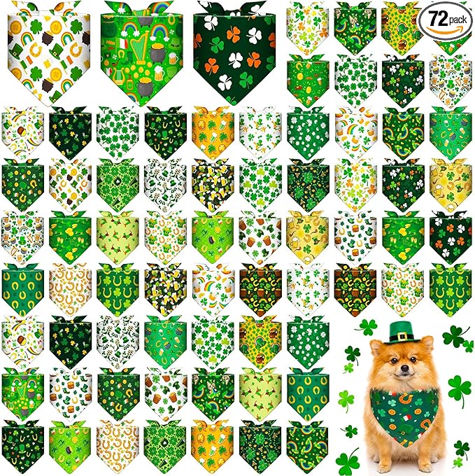 Sanwuta 72 Pcs St Patricks Day Dog Bandana Bulk Washable Puppy Triangle Scarfs Irish Cat Bandanas Adjustable Soft Shamrocks Pet Triangle Bibs Accessories for Small Medium Dogs Cats Pets Costume