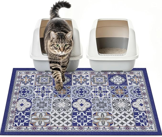 Cat Litter Mat Trapping Rug 33"x22", Large Litter Box Mat for Floor, Non-Slip Waterproof Backing, Soft Mesh Easy to Clean Pet Mat for Cat Blue