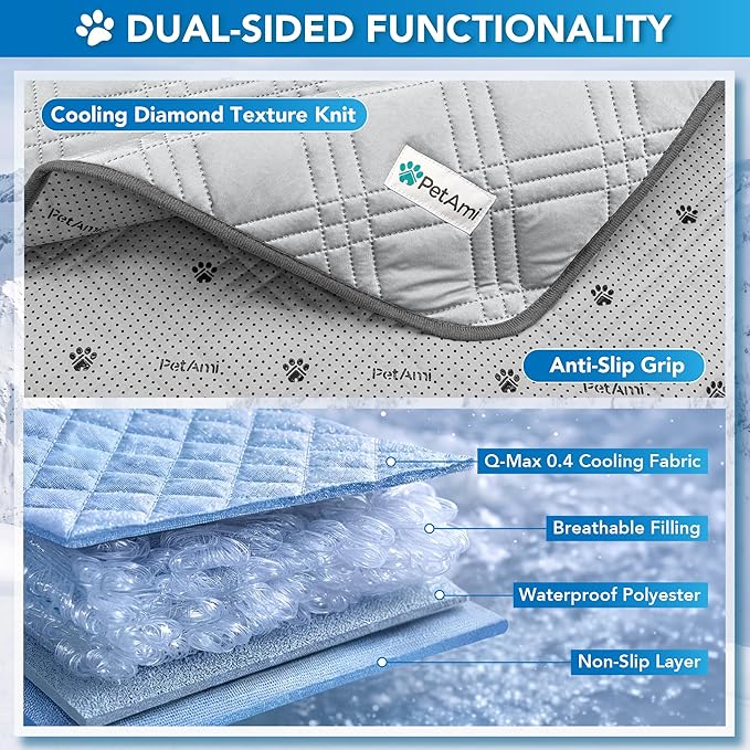 PetAmi Dog Cooling Mat, Waterproof Self Cooling Dog Pad with Non-Slip Backing, Q-Max >4.0 Pet Cooling Mat for Crate, Couch, Kennel & Car, Indoor Outdoor Summer Use, Light Grey, 40x60