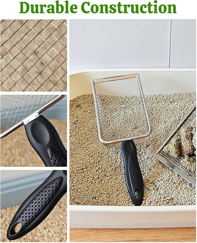 2Pcs Metal Litter Scooper Stainless Steel Metal Cat Litter Poop Scoop with 2.0mm & 3.8mm Mesh,Litter Cleaner Sifter for Cat,Dog,Kitty,Rabbit,Hamster, Reptile
