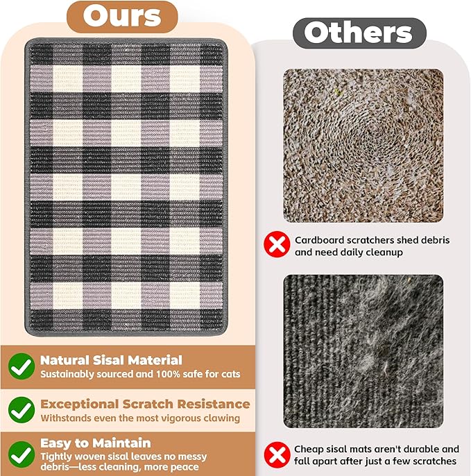 Cat Scratcher Mat, Natural Sisal Cat Scratch Pad, 23.6x15.7 Inch Horizontal Cat Floor Scratching Pads Rug with Hook & Loop（Black White）