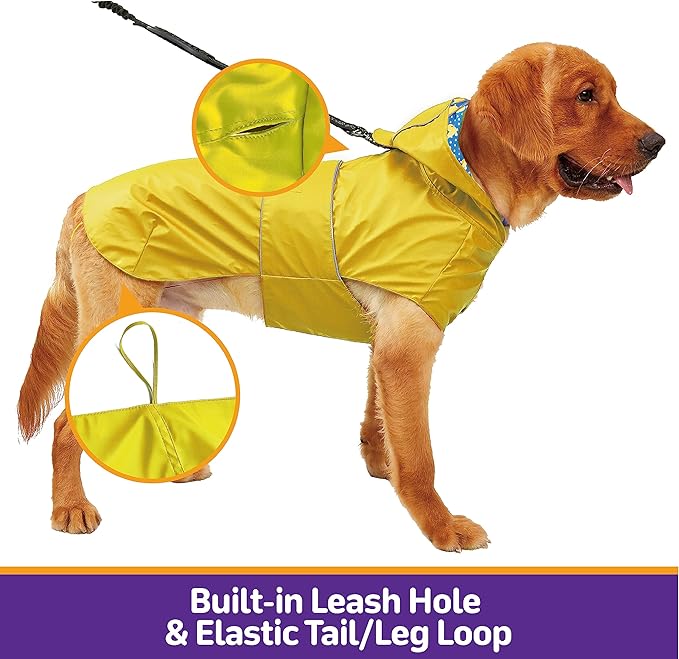Kimee Dog Raincoat Reversible, Single Side Slicker Poncho Adjustable Waterproof Dog Rain Jacket with Leash Hole/Reflective Stripe Hooded Snowproof Windproof Clothes for Small to 3X-Large Dogs, XL