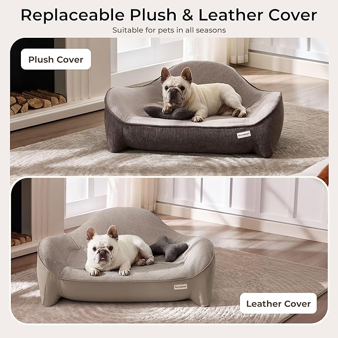 Orthopedic Dog Bed for Medium Small Dogs up to 120lbs, Extra Thick One-Piece Memory Foam Dog Bed, Never Sag Pet Sofa Couch with 3 Removable Washable Covers (Plush, Cooling, Leather) & Toy