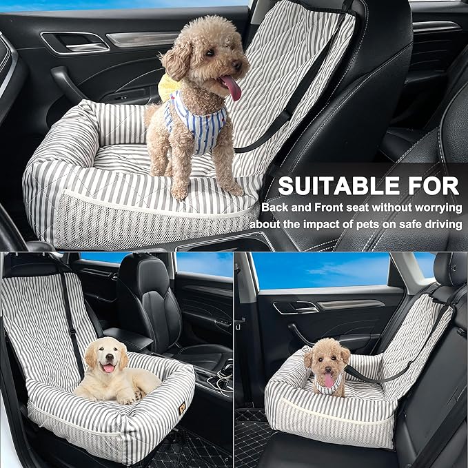 Dog Car Seat for Small and Medium Dogs, Booster Seat Sofa Pet Bed, Portable Car Travel Carrier Bed (Grey Stripes,Standard Filling)
