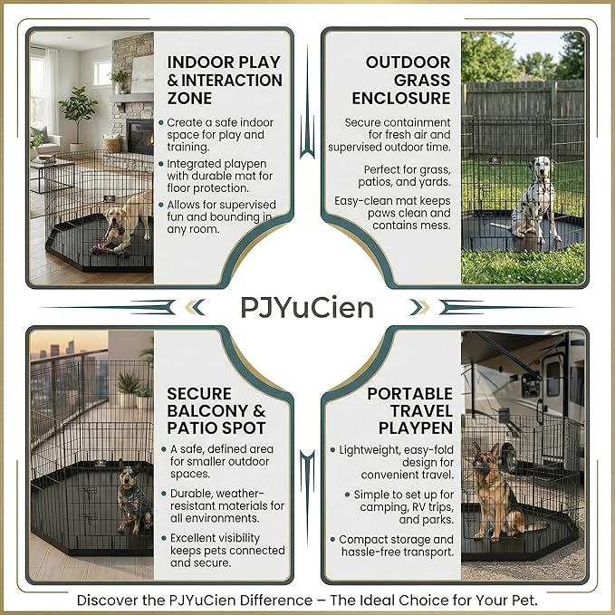 PJYuCien Octagonal Dog Playpen with Bottom Pad - Metal Foldable Exercise Pen, 8 Panels 42" H x 24" W Indoor Outdoor Pet Fence Puppy Crate Kennel, Black