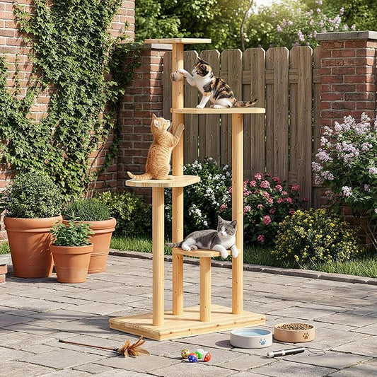 60" Tall Outdoor Cat Tree, Cat Tower Weatherproof for Patio,Garden,Balcony, Durable 4-Tier Natural Wood w/Scratching Posts for Multiple Cats,Outside&Indoor Adult Cats and Kittens Play, Climbing