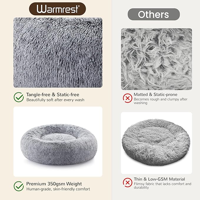 Donut Dog Bed Medium Size Dog, Round Cat Beds for Small Medium Dogs and Cats with Washable Fluffy Faux Fur, Cute Comfort Pet Bed with Anti-Slip Bottom, Grey, 20"