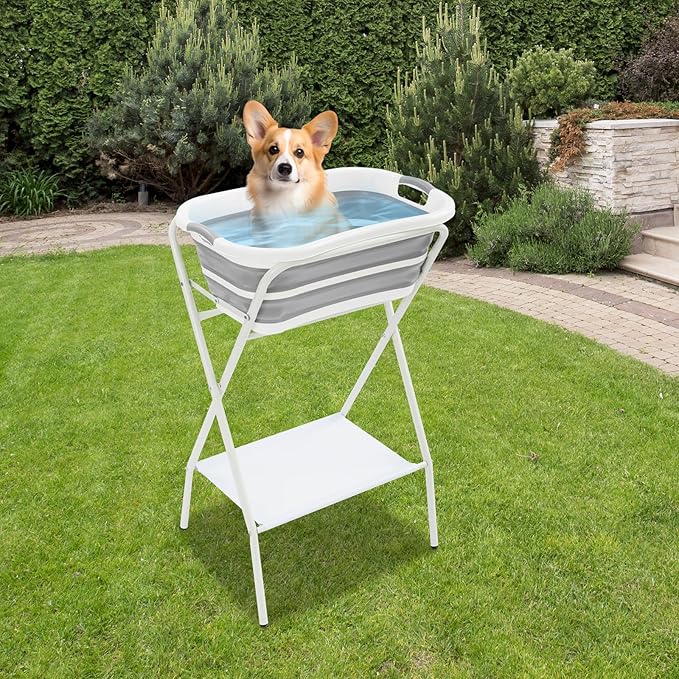 Foldable 2 in 1 Pet Bathtub with Stand, 38.8" Elevated Dog Bath Tub for Small Pets, Portable Grooming Station w/Drain Hose & Safety Belt, Small Dogs Cats Pet