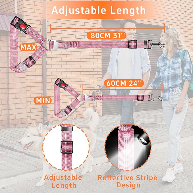 Seyezo 3-Piece Dog Car Harness Set - Retractable, Adjustable, Reflective Dog Seatbelt for Vehicle Headrests - Heavy Duty & High Elastic, Pink