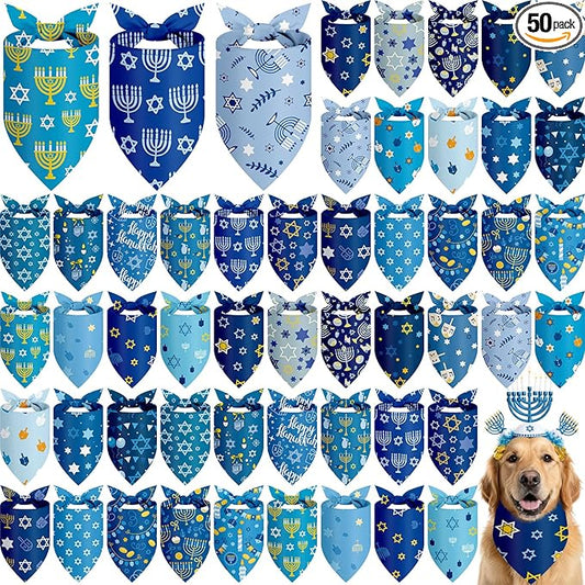 Abbylike 50 Pcs Hanukkah Dog Bandanas Bulk Blue Bandanas for Dogs Triangle Kerchief Bibs Scarf Set for Pet Hanukkah Costume Photo Props Accessories Pet Shops, 25 Styles (25.6 x 17.7 x 17.7)