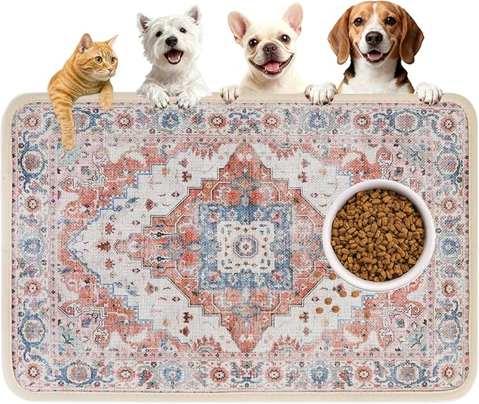 PUPTECK Dog Food Mat, Absorbent Pet Feeding Bowl Mat, Non-Slip Dog Mat for Food and Water, Quick Dry No Stains Cat Placemats Pet Supplies for Messy Drinkers, Brown 16"x24"