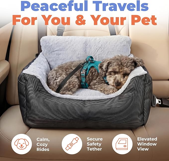 Best Pet Supplies Elevated Dog Car Seat for Small Dogs, Booster Seat with Safety Tether & Storage, Washable Travel Pet Seat for Front or Back Seat, Up to 25 lbs - Black - 21 x 20 x 14