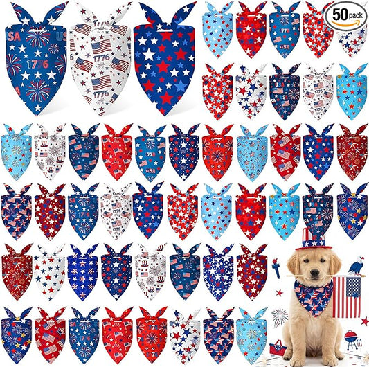 Abbylike 50 Pcs Patriotic Dog Bandanas Bulk 4th of July Bandanas for Dogs Star Triangle Kerchief Bib Scarf Set for Pet Independence Day 250th Anniversary Party Costume, 25 Styles(25.6 x 17.7 x 17.7)