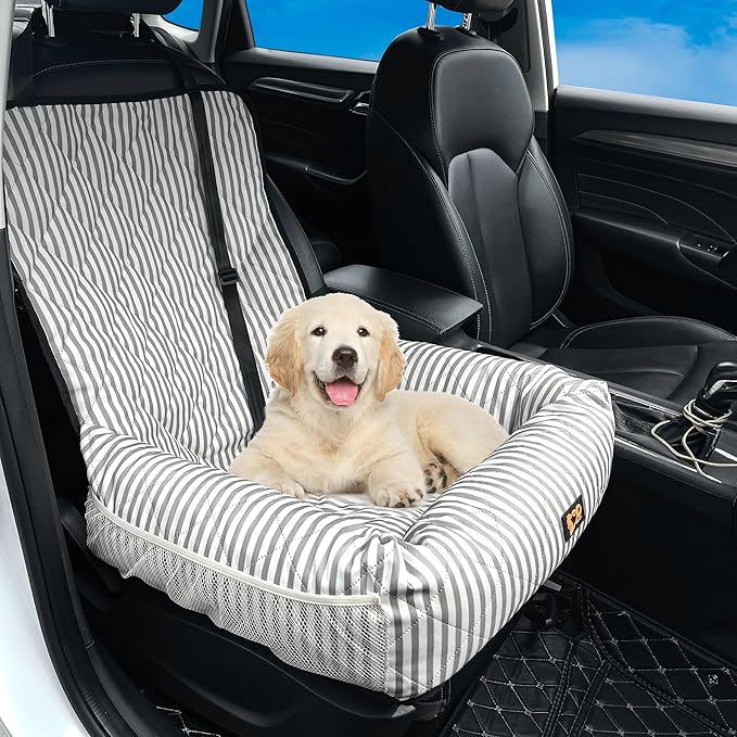 Dog Car Seat for Small and Medium Dogs, Booster Seat Sofa Pet Bed, Portable Car Travel Carrier Bed (Grey Stripes,Standard Filling)
