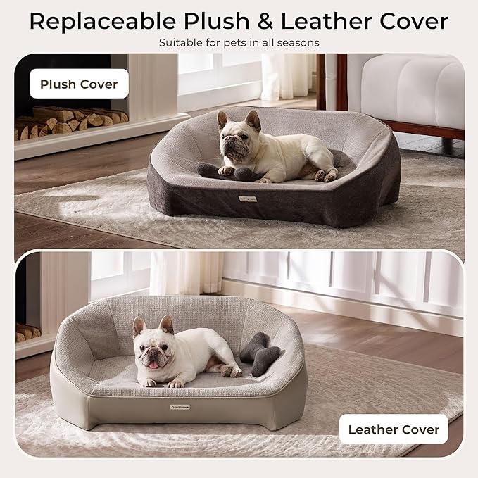 Orthopedic Dog Bed for Medium Small Dogs up to 120lbs, Extra Thick One-Piece Memory Foam Dog Bed, Never Sag Pet Sofa Couch with 3 Removable Washable Covers (Plush, Cooling, Leather) & Toy