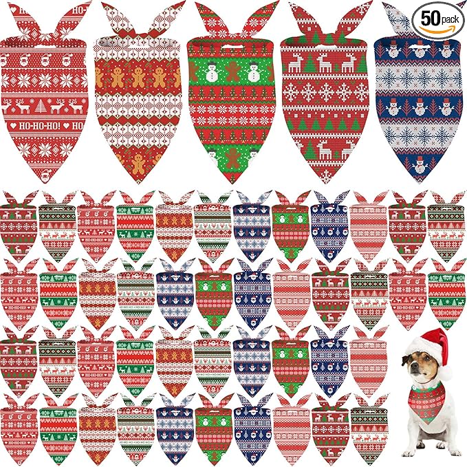 Weewooday 50 Pcs Christmas Bandanas for Dogs Xmas Bandanas Bulk with Ugly Sweater Patterns Soft Bibs Adjustable Triangle Doggie Scarf for Small Medium Large Pet (25.6 x 17.7 x 17.7 Inch)