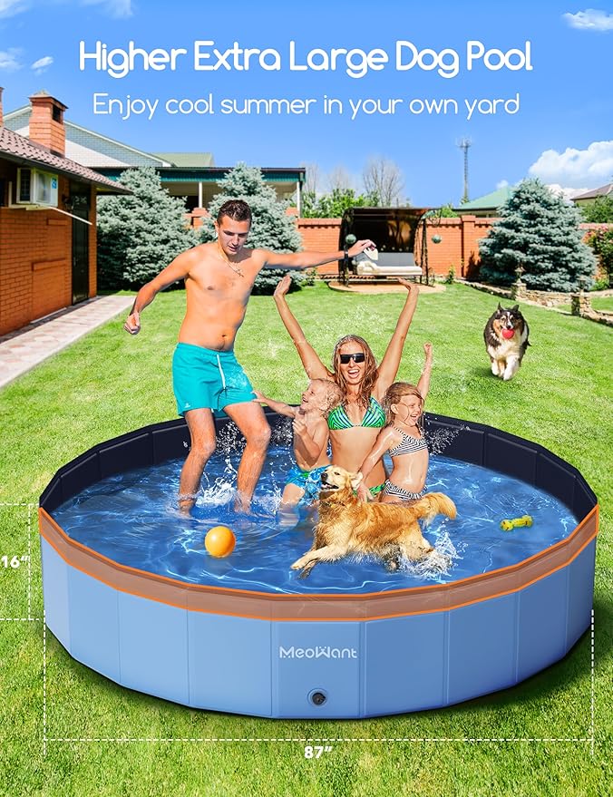 Meowant Extra Large Dog Pool Foldable 87'', Hard Plastic Dog Swimming Pool Kiddie Pool, Collapsible Dog Pet Bath Pool, Portable Deep Dog Pools for Large Dogs (4XL-87'' × 16'')