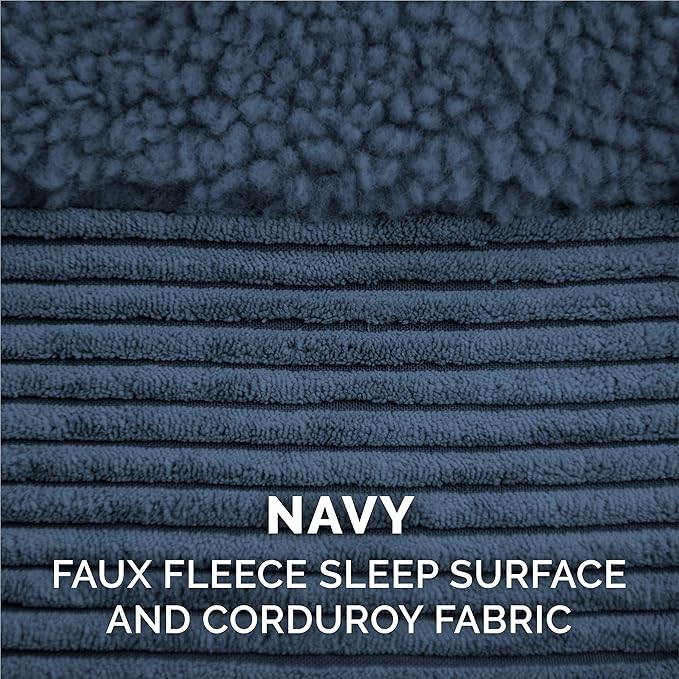 Furhaven Memory Foam Dog Bed for Large Dogs w/ Removable Bolster & Washable Cover, For Dogs UP to 125 lbs - Fleece & Corduroy Bolster Chaise - Navy, Jumbo Plus/XXL