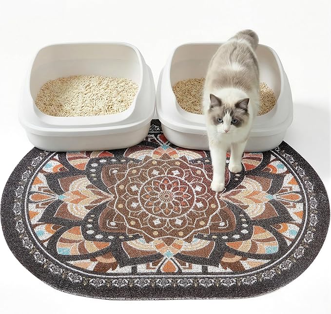 Bienbee Cat Litter Mat, 33" x 22" Large Size Litter Box Mat Rug with Non-Slip Bottom,Urine and Water Proof, Easy to Clean Cat Supplies Essentials for Indoor Kitty Kitten Floor,Deep Brown Flowers L