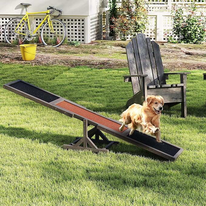 PETSITE Wooden Dog Agility Seesaw, Dog Exercise & Play Set, Outdoor Run Game Toy, Climbing Platform Balance Training Equipment, Weatherproof Pet Supplies for Backyard Obstacle Courses (Grey)