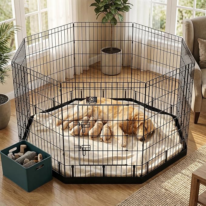 PJYuCien Octagonal Dog Playpen with Bottom Pad - Metal Foldable Exercise Pen, 8 Panels 36" H x 24" W Indoor Outdoor Pet Fence Puppy Crate Kennel, Black