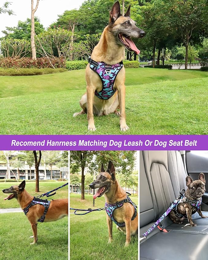 Hotsky Tactical Dog Harness No Pull，Adjustable Service Dog Vest Reflective Military Pet Harness with Control Handle Molle Loop Panels for Training Walking Running(Purple Camo, L)