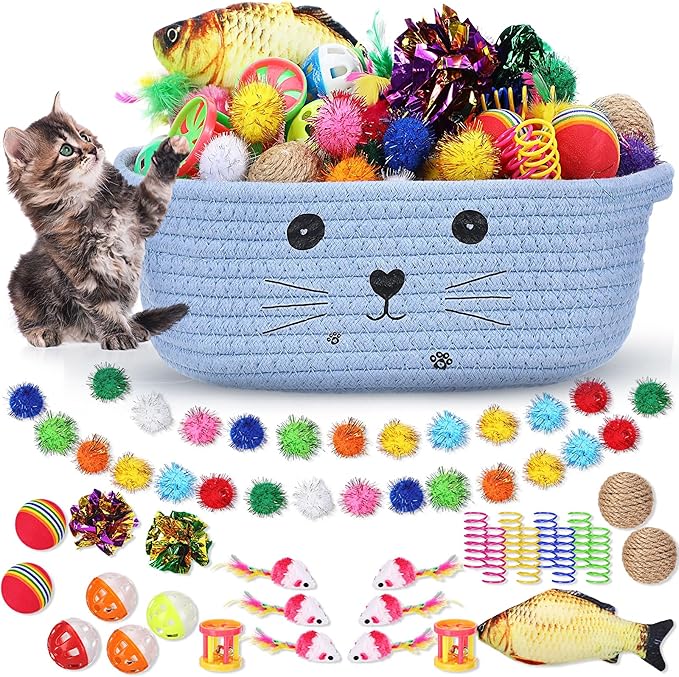 Zopeal 58 Pcs Summer Graduation Cat Storage Basket Gift Toys Set, Colorful Flashing Balls Pet Bell Crinkle Balls Spring Toys Attract Cat to Swat, Hunt, Interactive for Pet(Light Blue,9.8 Inch)