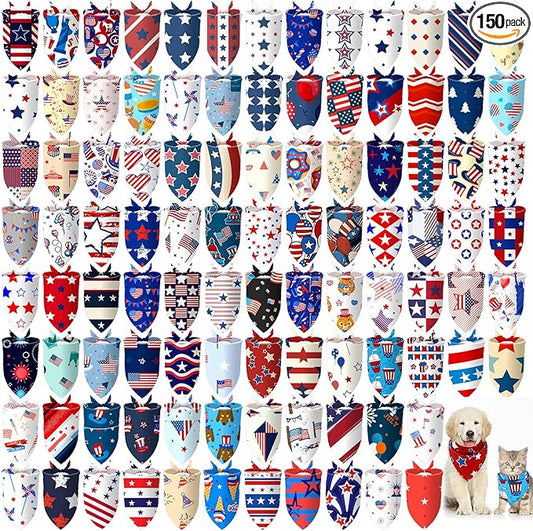 Huhumy 150 Pcs 250th Anniversary Dog Bandanas 4th of July Patriotic Pet Bandanas Bulk Independence Day Triangle Pet Bibs Scarf for Medium Large Dog 4th of July 250th Festival Decor
