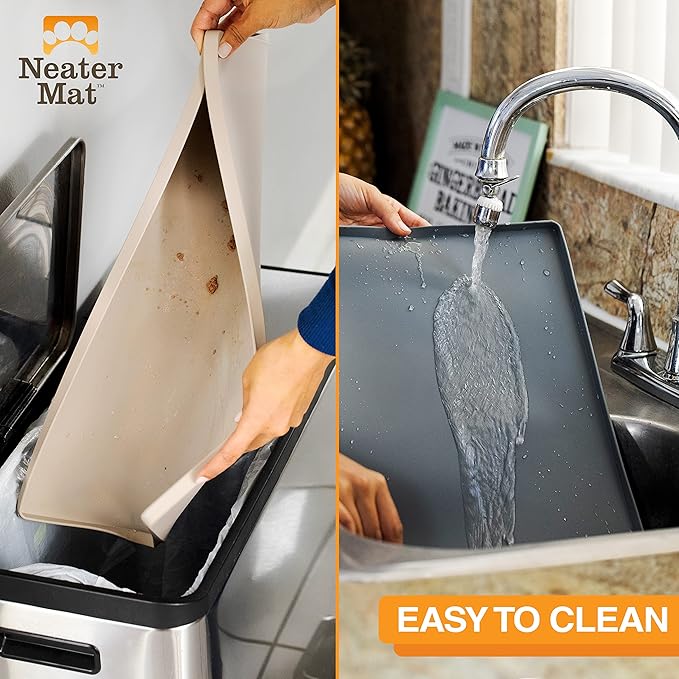 Neater Pet Brands Neater Mat Pet Mats for Food and Water, Cat & Dog Bowl Mat Waterproof Silicone, Feeding Tray, Dog Food Mats for Floors, Placemat w/Raised Edge for Under Bowls, 16” x 10”, Cream