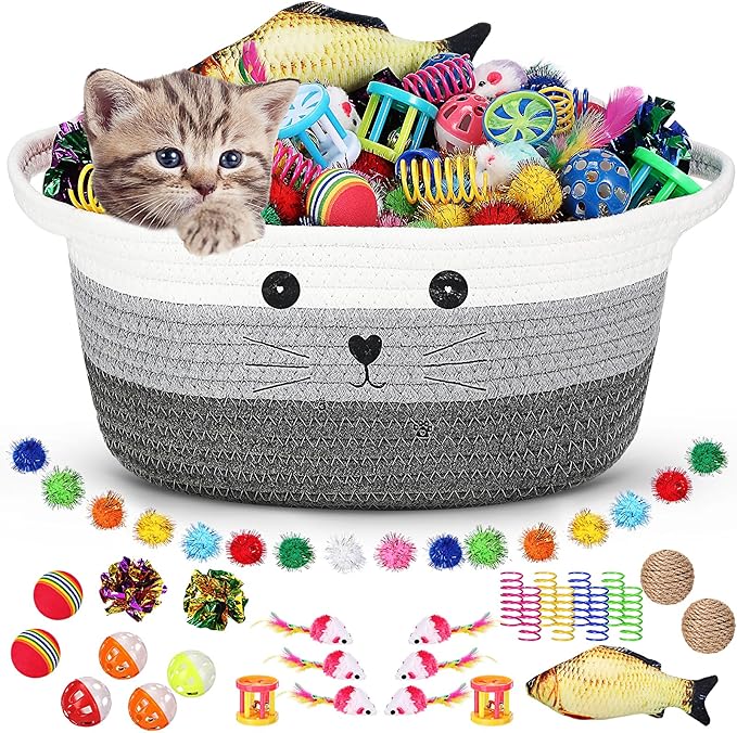 Zopeal 58 Pcs Summer Graduation Cat Storage Basket Gift Toys Set, Colorful Flashing Balls Pet Bell Crinkle Balls Spring Toys Attract Cat to Swat, Hunt, Interactive for Pet(Multicolor,12 Inch)