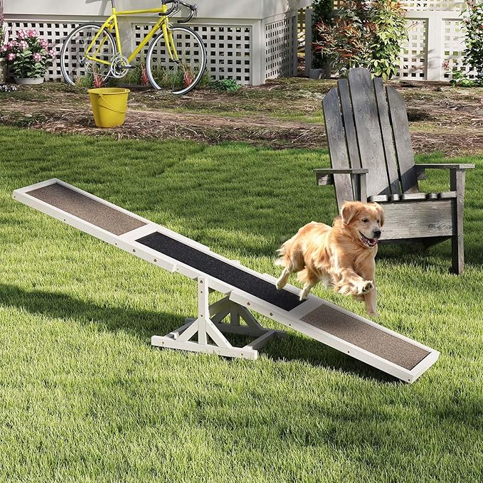 PETSITE Wooden Dog Agility Seesaw, Dog Exercise & Play Set, Outdoor Run Game Toy, Climbing Platform Balance Training Equipment, Weatherproof Pet Supplies for Backyard Obstacle Courses (White)