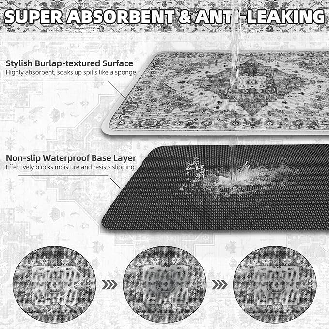 PUPTECK Dog Food Mat, Absorbent Pet Feeding Bowl Mat, Non-Slip Dog Mat for Food and Water, Quick Dry No Stains Cat Placemats Pet Supplies for Messy Drinkers, Grey 16"x24"
