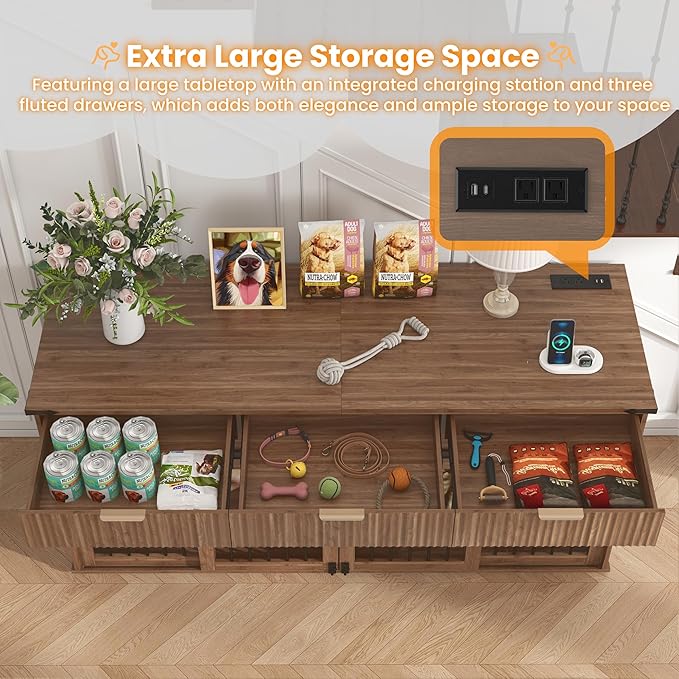71'' Dog Crate Furniture for 2 Dogs, Wooden Double Dog Kennel with Removable Divider & 360° Rotating Feeder, 3 Fluted Drawers, Charging Station, TV Stand or Side Table (Walnut)
