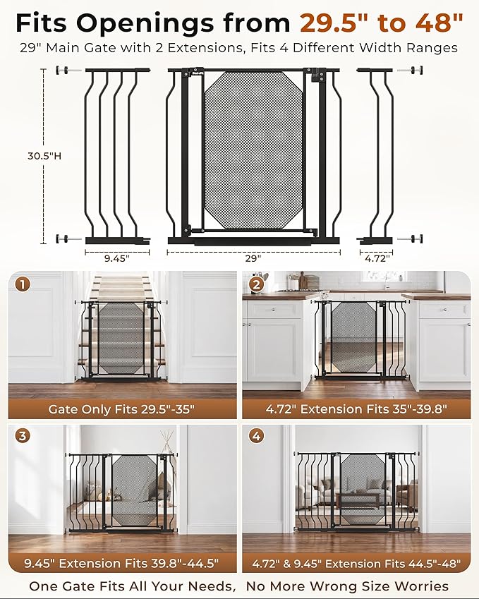 29.5-48" Baby Gate for Stairs, Child & Pet Proof, No-Drill Pressure Mount Auto Close One-Hand Operation, 30.5" Tall Indoor Dog Gate for Doorways, 4 Adjustable Sizes, Black