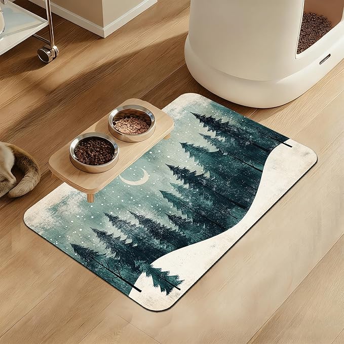 Mysty Winter Fores Pet Feeding Mat–Quick Dry Absorbent Dog Cat Food Mat, Non Slip Waterproof Bowl Placemat for Messy Eaters, Pet Accessories for Floors 12"x20"