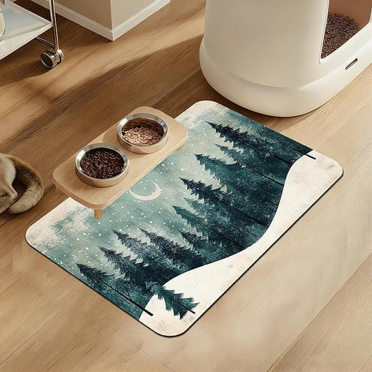 Mysty Winter Fores Pet Feeding Mat–Quick Dry Absorbent Dog Cat Food Mat, Non Slip Waterproof Bowl Placemat for Messy Eaters, Pet Accessories for Floors 12"x20"