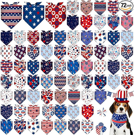 72 Pcs 4th of July Dog Bandanas Patriotic Dog Bandana Bulk Adjustable Washable Pet Triangle Scarf Soft Kerchief Bib for Independence Day Holiday Pet Costume Accessories