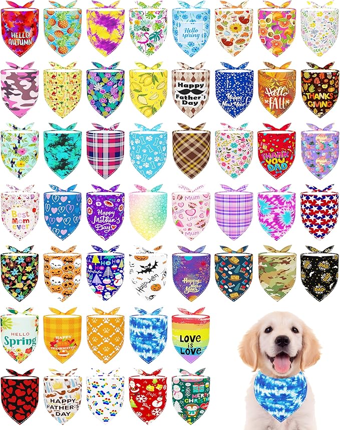 PET SHOW 50 Pack Small Dog Bandanas Bulk Assorted Random Dog Scarves Puppy Bibs Kerchief Set for Medium Dogs Girl Boy Pet Holiday Party Grooming Accessories