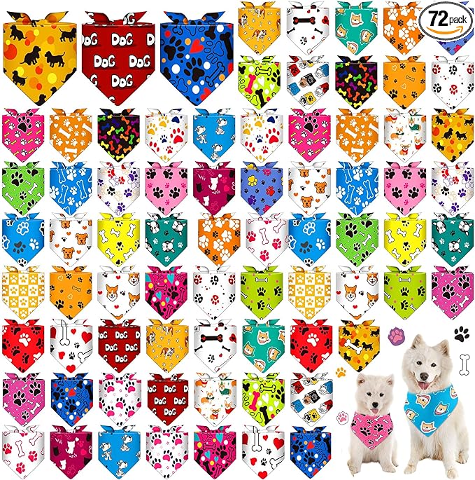 Sanwuta 72 Pcs Dog Bandana Bulk Washable Puppy Triangle Scarfs Cat Bandanas Adjustable Soft Cute Pet Triangle Bibs Accessories for Small Medium Dogs Cats Pets Costume(PET Pattern)