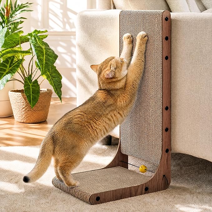 FUKUMARU Cat Scratcher 2 Packs, 25 Inch Cat Scratching Boards for Indoor Cats, L Shaped Cardboard Cats Scratcher Vertical Scartch Pads with Ball Toy, Walnut Color