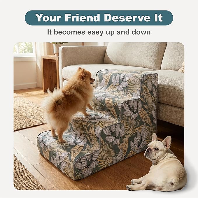 4-Step Dog Stairs for Bed & Couch 18" H, Extra Long Dog Steps for Bed with 30D Foam, Country Style Pet Stairs for Small Dogs and Older Cats, Blue Yellow