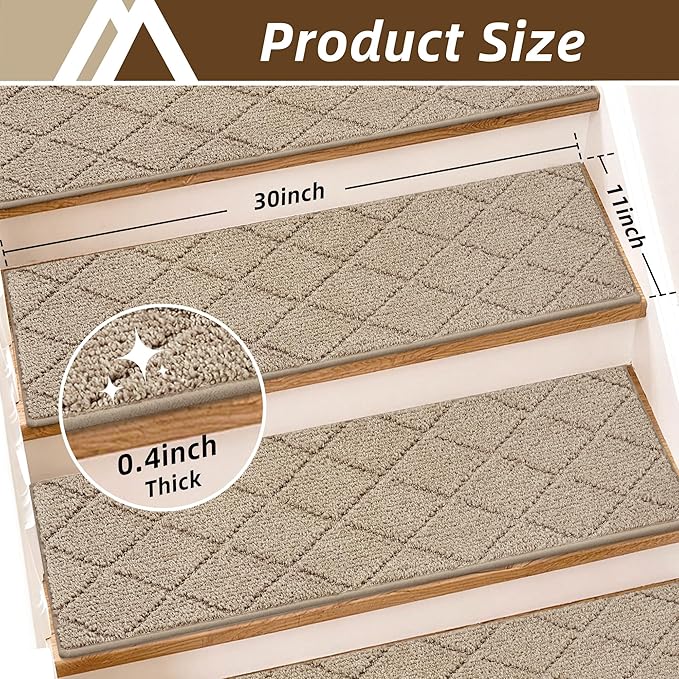COSY HOMEER Stair Treads for Wooden Steps 11"x30" Washable Indoor Carpet Stair Treads Non Slip Soft Polyester Stair Carpet Tread Reusable Stair Runner Rugs for Kids, Elders,Pets,Beige,4pcs