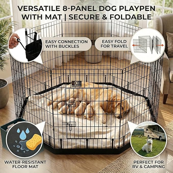 PJYuCien Octagonal Dog Playpen with Bottom Pad - Metal Foldable Exercise Pen, 8 Panels 36" H x 24" W Indoor Outdoor Pet Fence Puppy Crate Kennel, Black