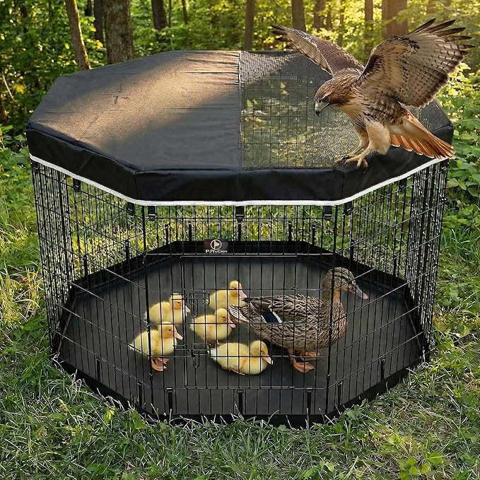 PJYuCien Octagonal Dog Playpen with Top Cover and Bottom Pad - Metal Foldable Exercise Pen, 8 Panels 42" H x 24" W Indoor Outdoor Pet Fence Puppy Crate Kennel, Black