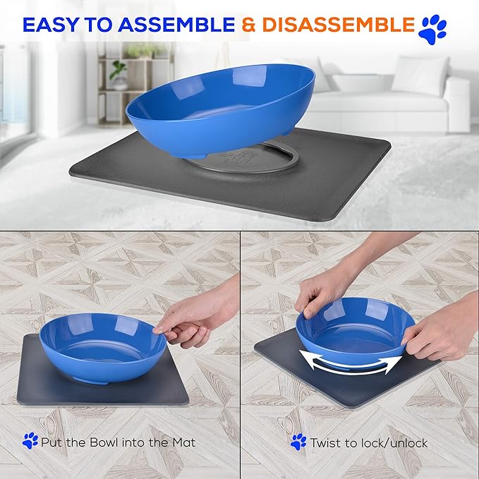 SereneLife Flip Spill Proof Set-Interlocking Non Skid Pet Puppy Cat Dog Mat-Twisty Dish Food/Water Bowl for Mess Free Feeding SLTDG6, Medium, Blue (SLTDG66)