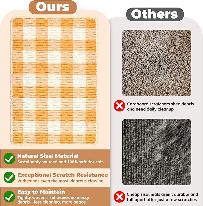Cat Scratcher Mat, Natural Sisal Cat Scratch Pad, 23.6x15.7 Inch Horizontal Cat Floor Scratching Pads Rug with Hook & Loop to Protect Couch & Carpets & Sofas（Orange White）