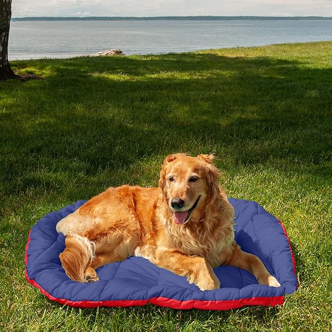 Furhaven Outdoor Travel Dog Bed for Large/Medium Dogs w/ Carry Bag, Washable & Foldable, Great for Crates & Kennels - Trail Pup Travel Pillow Mat w/ Stuff Sack Bag - Flame Red/True Blue, Large